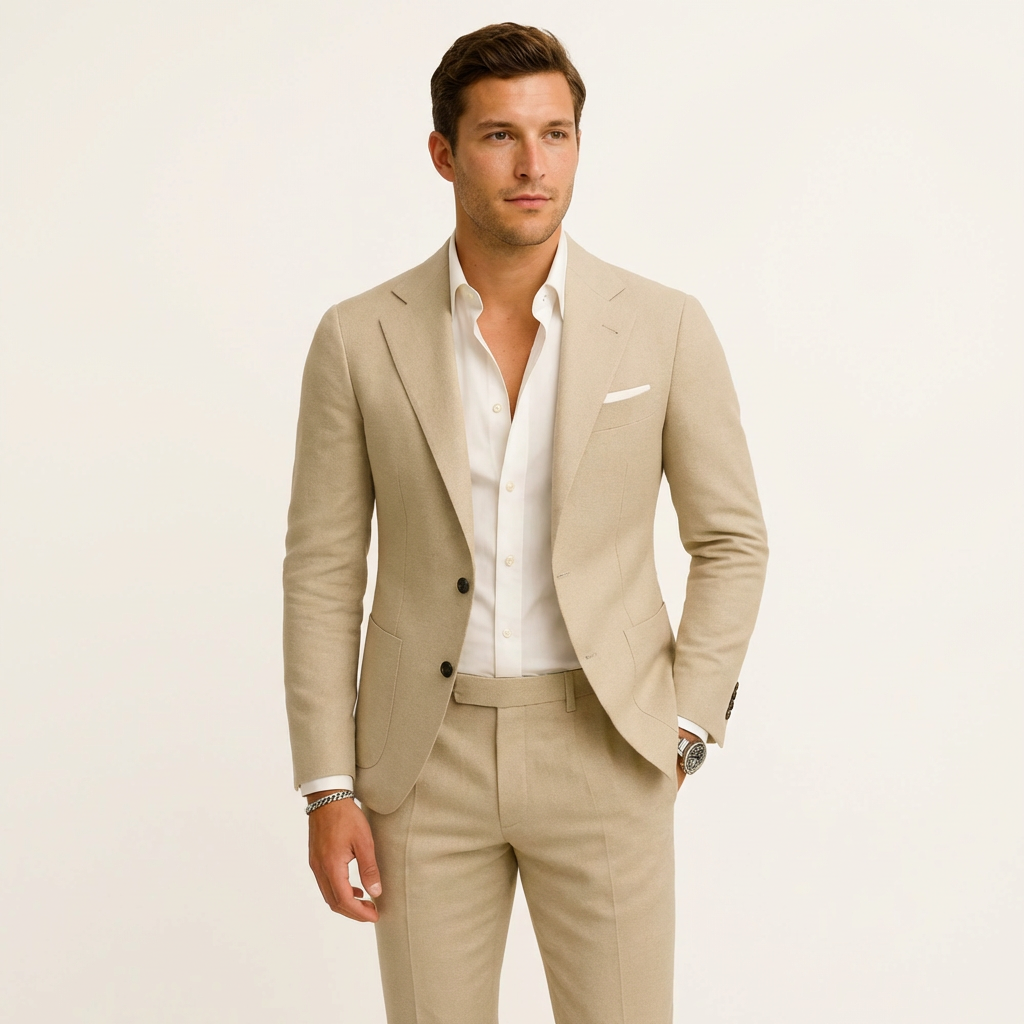 Men’s Lightweight 2-Piece Suit – Slim Fit Spring & Summer Wedding Wear Beige