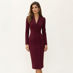 Women’s Lapel Midi Dress – Knee-Length Fitted Formal Style Wine Red