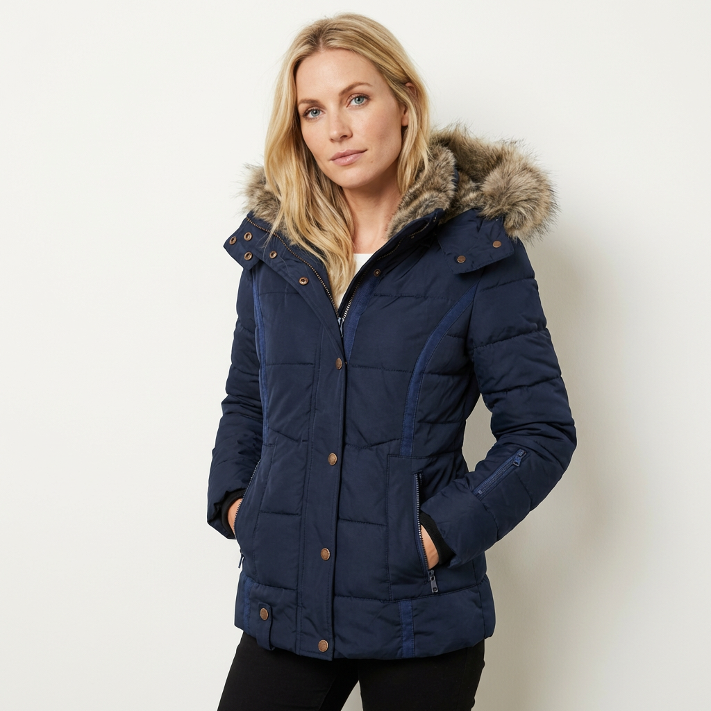 Women’s Hooded Faux Fur Puffer Jacket – Insulated Water-Resistant Coat Navy Blue