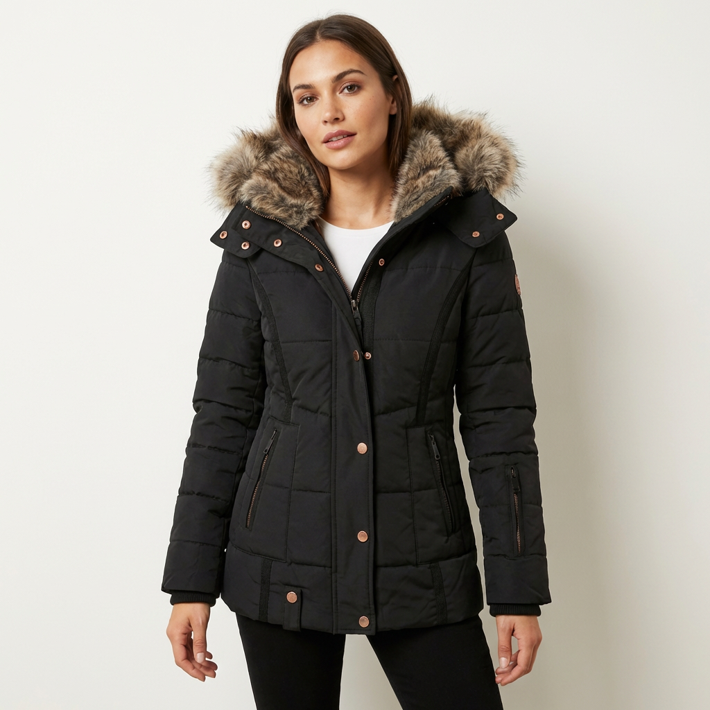 Women’s Hooded Faux Fur Puffer Jacket – Insulated Water-Resistant Coat Black