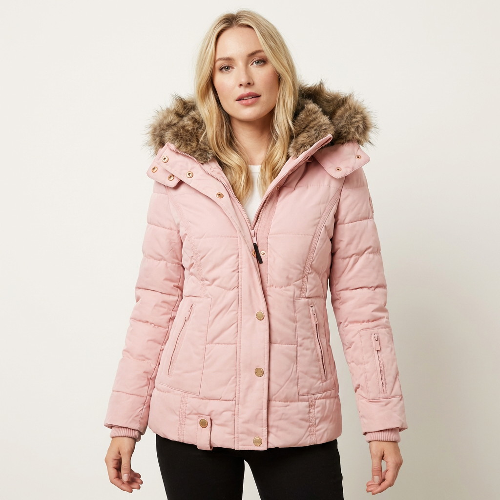 Women’s Hooded Faux Fur Puffer Jacket – Insulated Water-Resistant Coat Pink