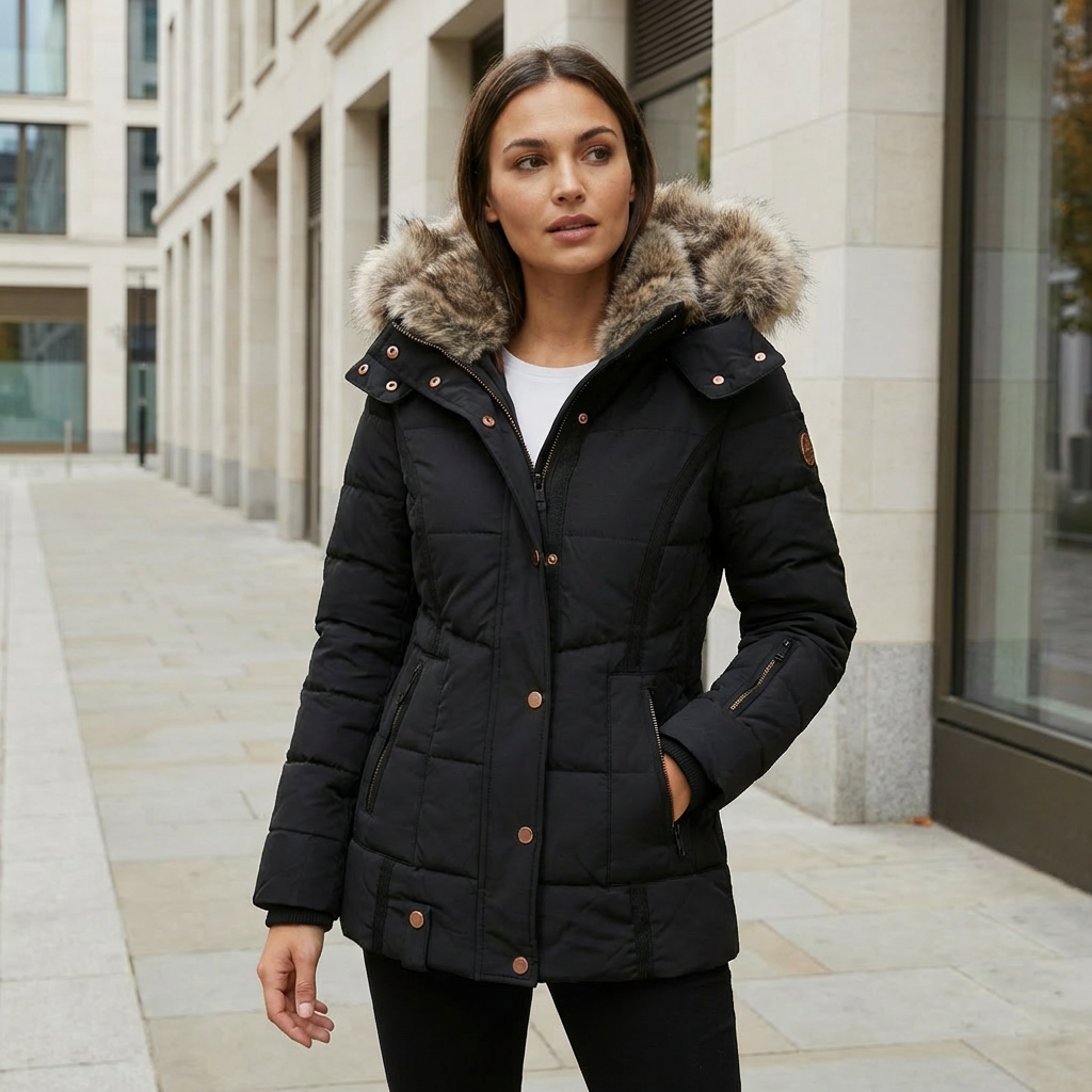 Women’s Hooded Faux Fur Puffer Jacket – Insulated Water-Resistant Coat
