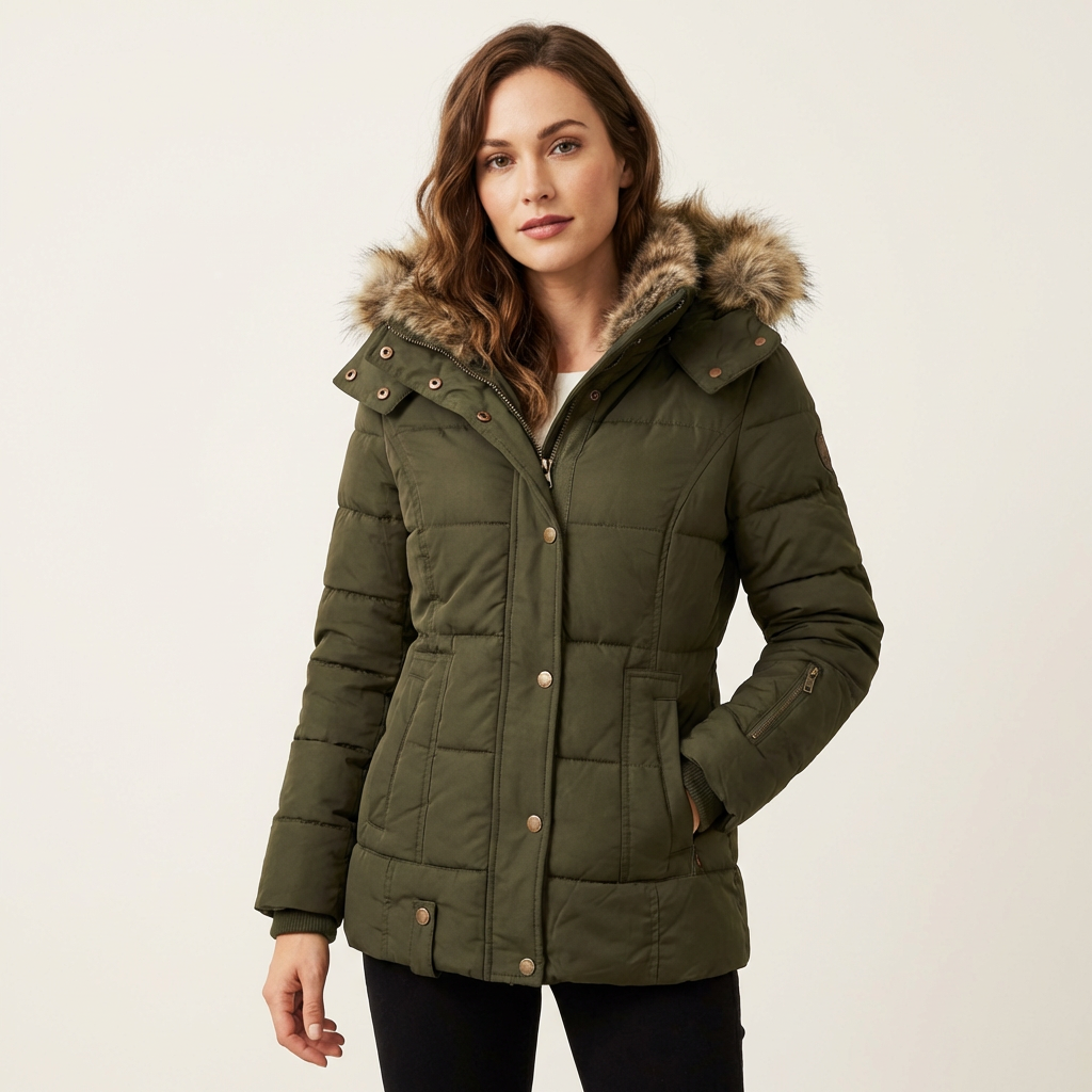 Women’s Hooded Faux Fur Puffer Jacket – Insulated Water-Resistant Coat Army Green