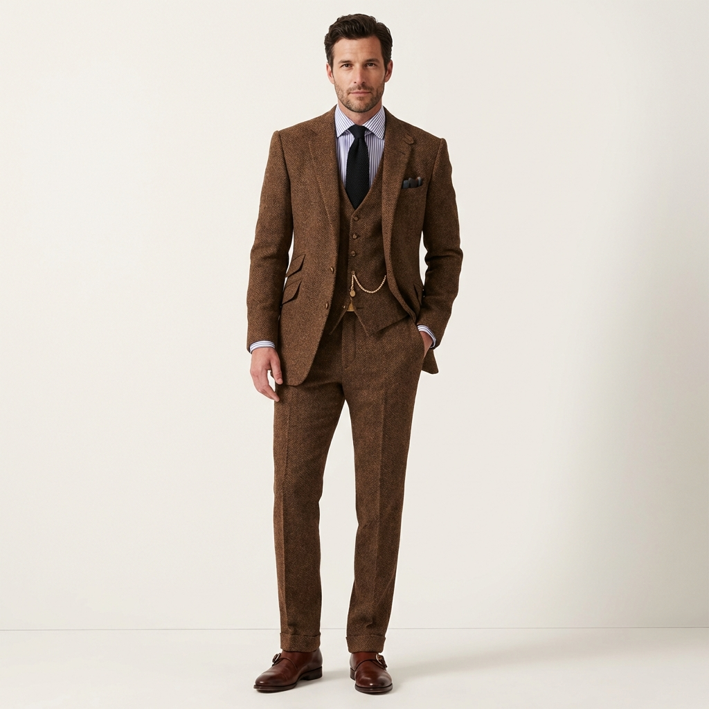 Men’s 3-Piece Tweed Suit – Classic Tailored Formal Set Bronze