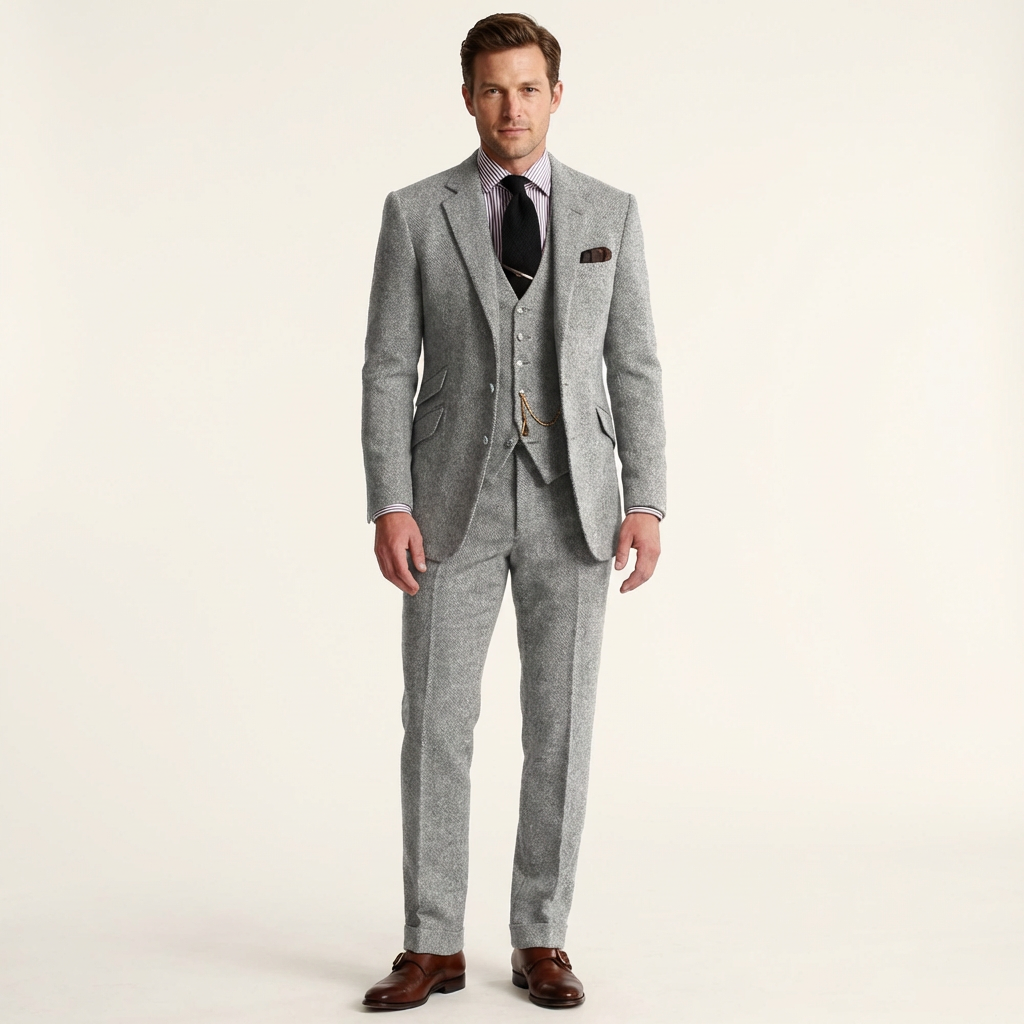 Men’s 3-Piece Tweed Suit – Classic Tailored Formal Set Gray