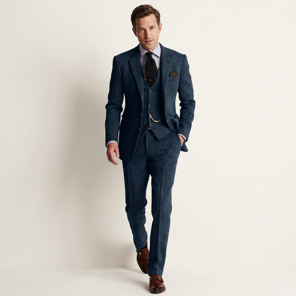Men’s 3-Piece Tweed Suit – Classic Tailored Formal Set Navy Blue