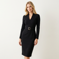 Women’s Long Sleeve Midi Dress – Belted Sheath Style for Office & Evening Black