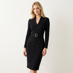 Women’s Long Sleeve Midi Dress – Belted Sheath Style for Office & Evening Black