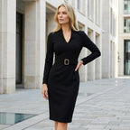 Women’s Long Sleeve Midi Dress – Belted Sheath Style for Office & Evening