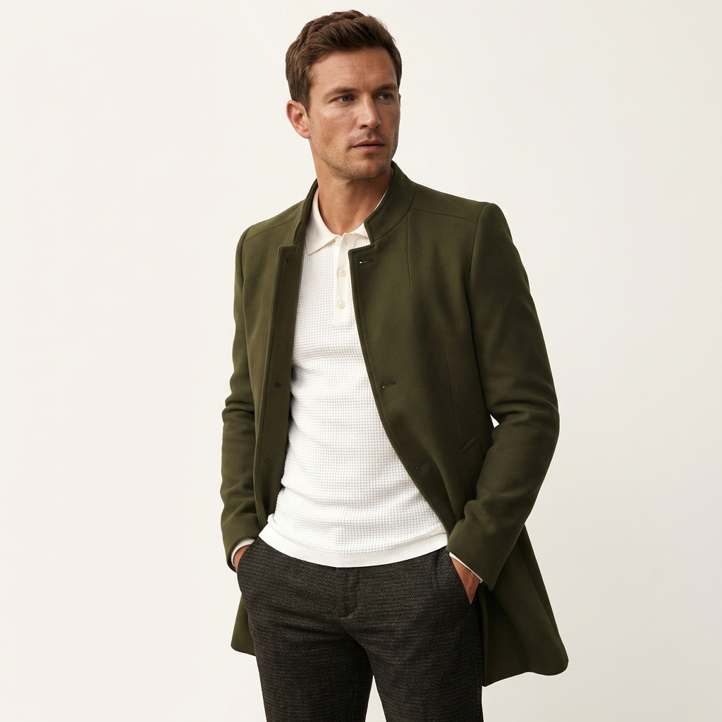 Men’s Smart Casual Winter Coat – Minimalist Buttoned Outerwear Army Green