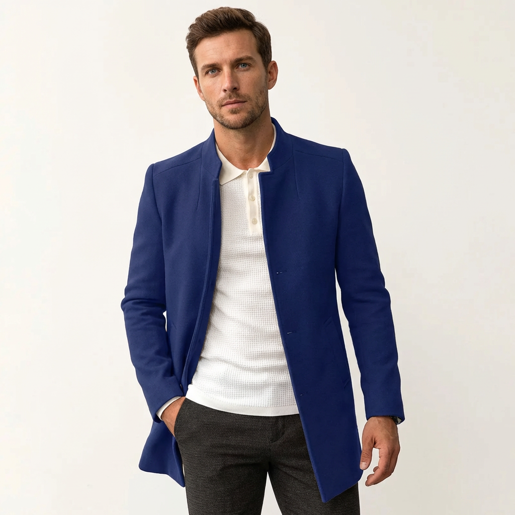 Men’s Smart Casual Winter Coat – Minimalist Buttoned Outerwear Blue