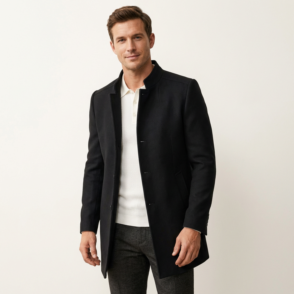 Men’s Smart Casual Winter Coat – Minimalist Buttoned Outerwear Black