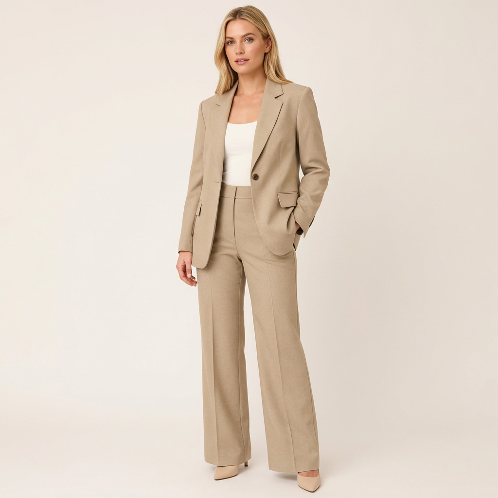 Women’s Tailored Pants Suit – Blazer & Trousers Formal Set Beige
