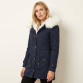 Women’s Winter Parka – Faux Fur Hooded Belted Coat Navy Blue