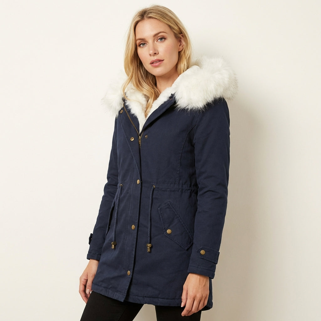 Women’s Winter Parka – Faux Fur Hooded Belted Coat Navy Blue
