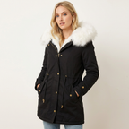 Women’s Winter Parka – Faux Fur Hooded Belted Coat Black