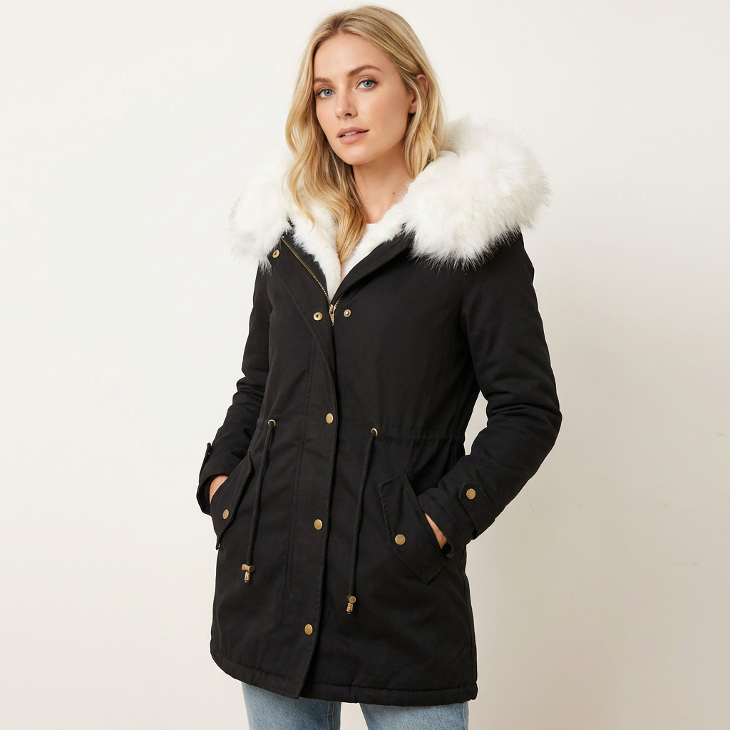 Women’s Winter Parka – Faux Fur Hooded Belted Coat Black