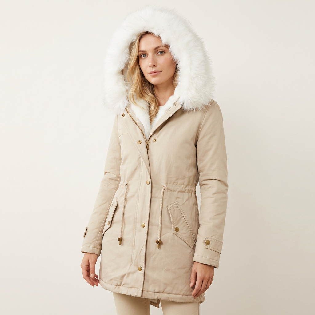 Women’s Winter Parka – Faux Fur Hooded Belted Coat Beige