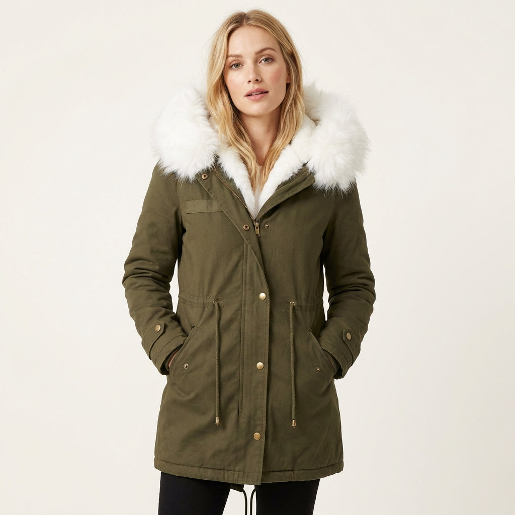 Women’s Winter Parka – Faux Fur Hooded Belted Coat Khaki Green