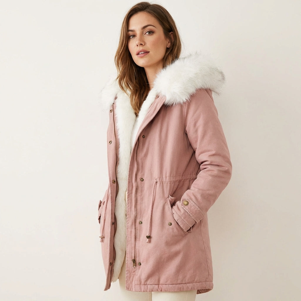 Women’s Winter Parka – Faux Fur Hooded Belted Coat Pink