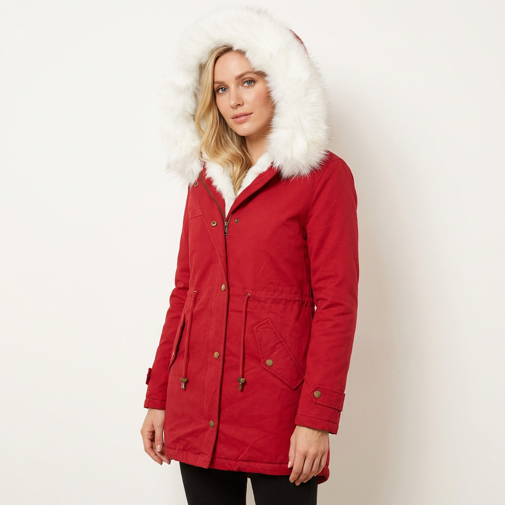 Women’s Winter Parka – Faux Fur Hooded Belted Coat Red