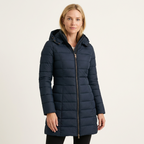 Women’s Quilted Hooded Puffer Coat – Mid-Length Winter Style Navy Blue