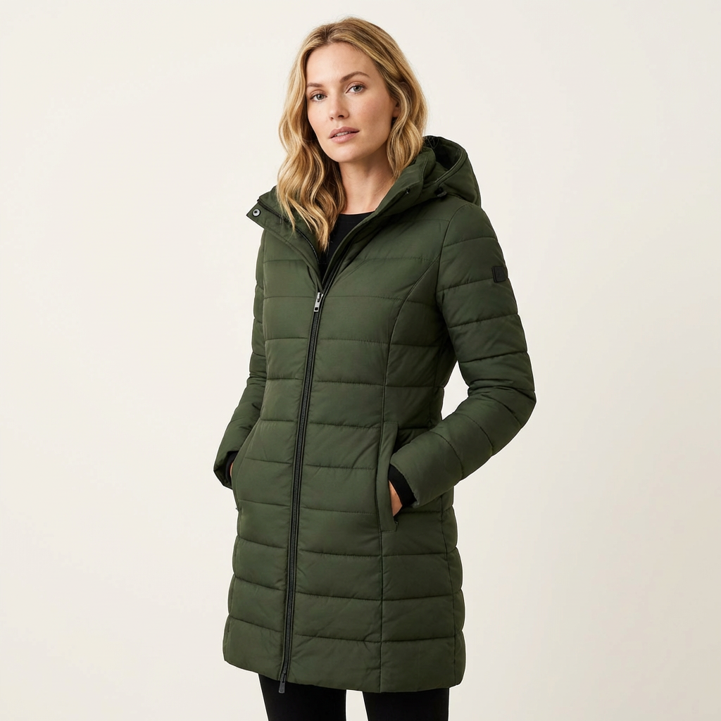 Women’s Quilted Hooded Puffer Coat – Mid-Length Winter Style Army Green