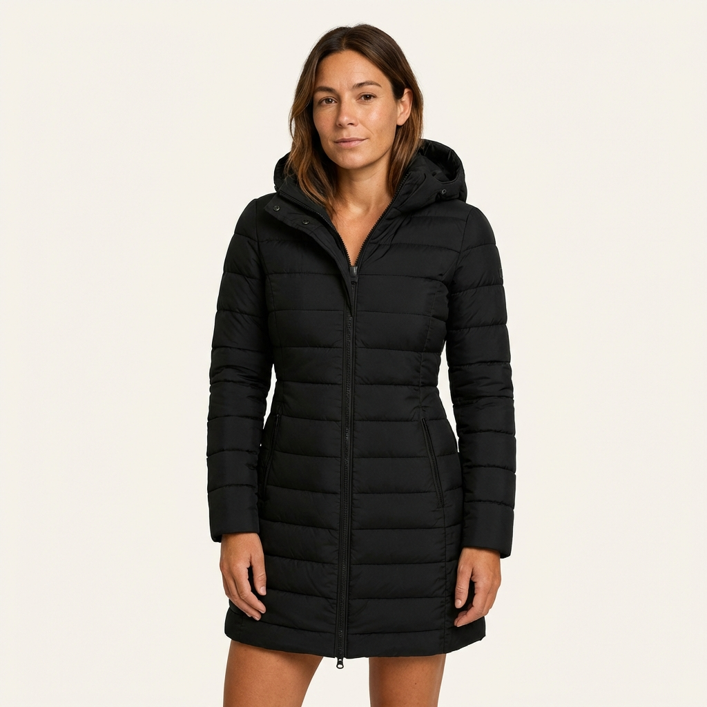 Women’s Quilted Hooded Puffer Coat – Mid-Length Winter Style Black