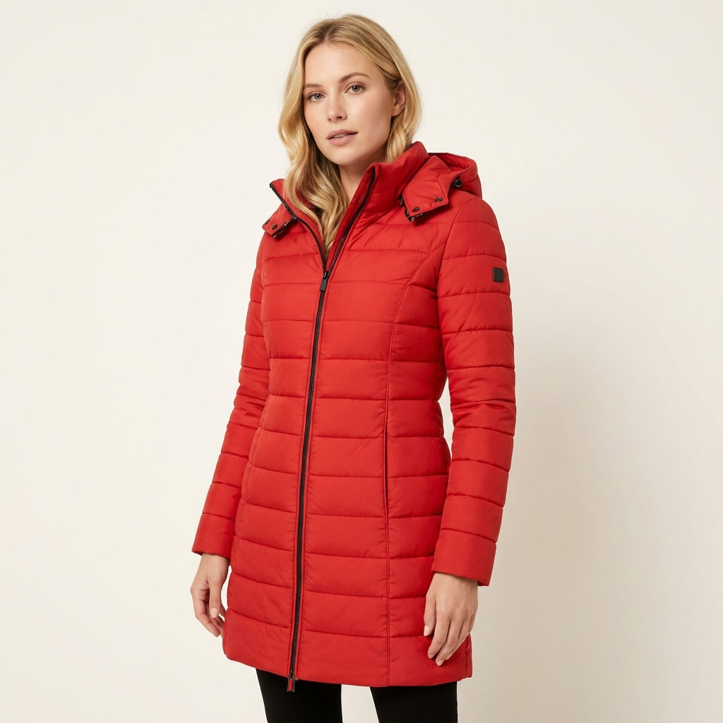 Women’s Quilted Hooded Puffer Coat – Mid-Length Winter Style Red