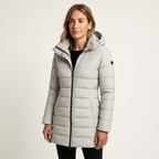 Women’s Quilted Hooded Puffer Coat – Mid-Length Winter Style Gray