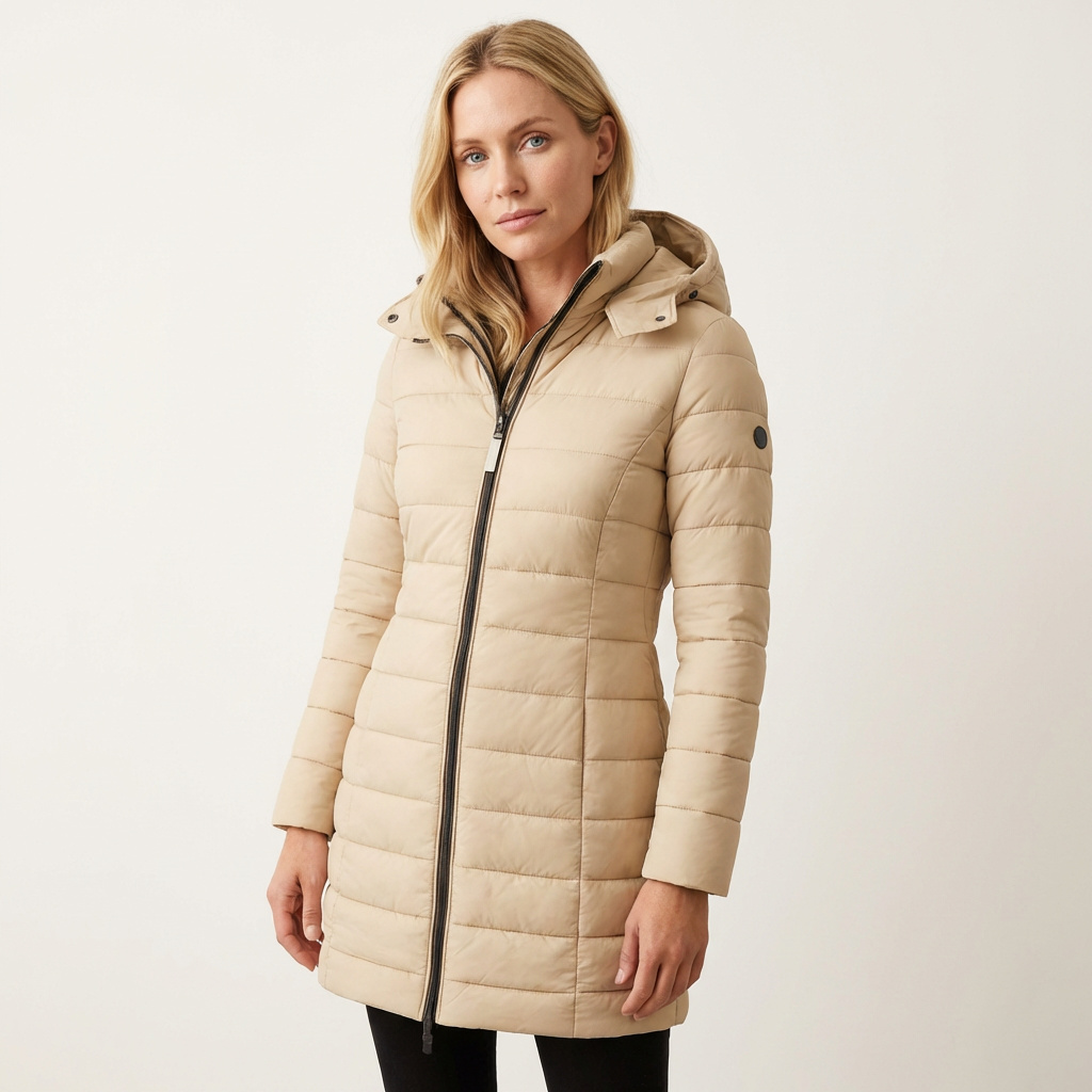 Women’s Quilted Hooded Puffer Coat – Mid-Length Winter Style Beige