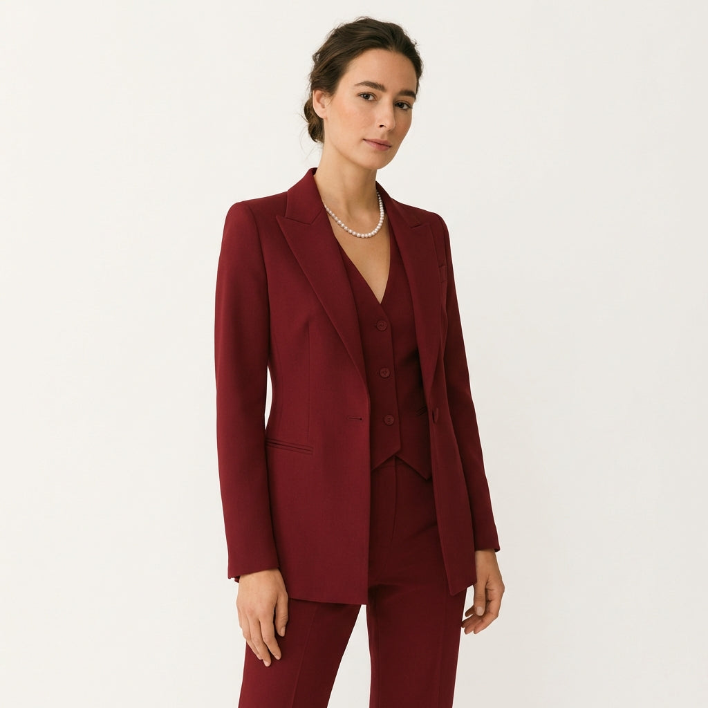 Women’s 3-Piece Suit Set – Blazer, Vest & Slim Fit Trousers Wine Red