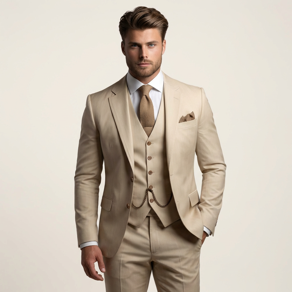 Men’s 3-Piece Slim Fit Suit – Wedding & Formal Tuxedo Set Beige