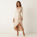 Women’s V-Neck Sheath Midi Dress – Elegant Slit Detail Beige