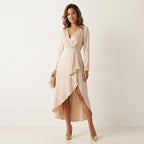 Women’s V-Neck Sheath Midi Dress – Elegant Slit Detail Beige