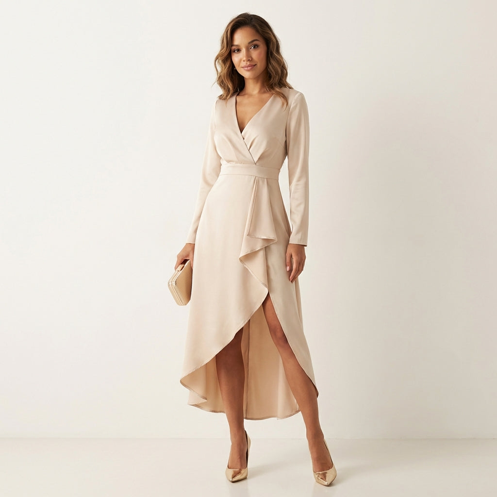 Women’s V-Neck Sheath Midi Dress – Elegant Slit Detail Beige