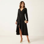Women’s V-Neck Sheath Midi Dress – Elegant Slit Detail Black
