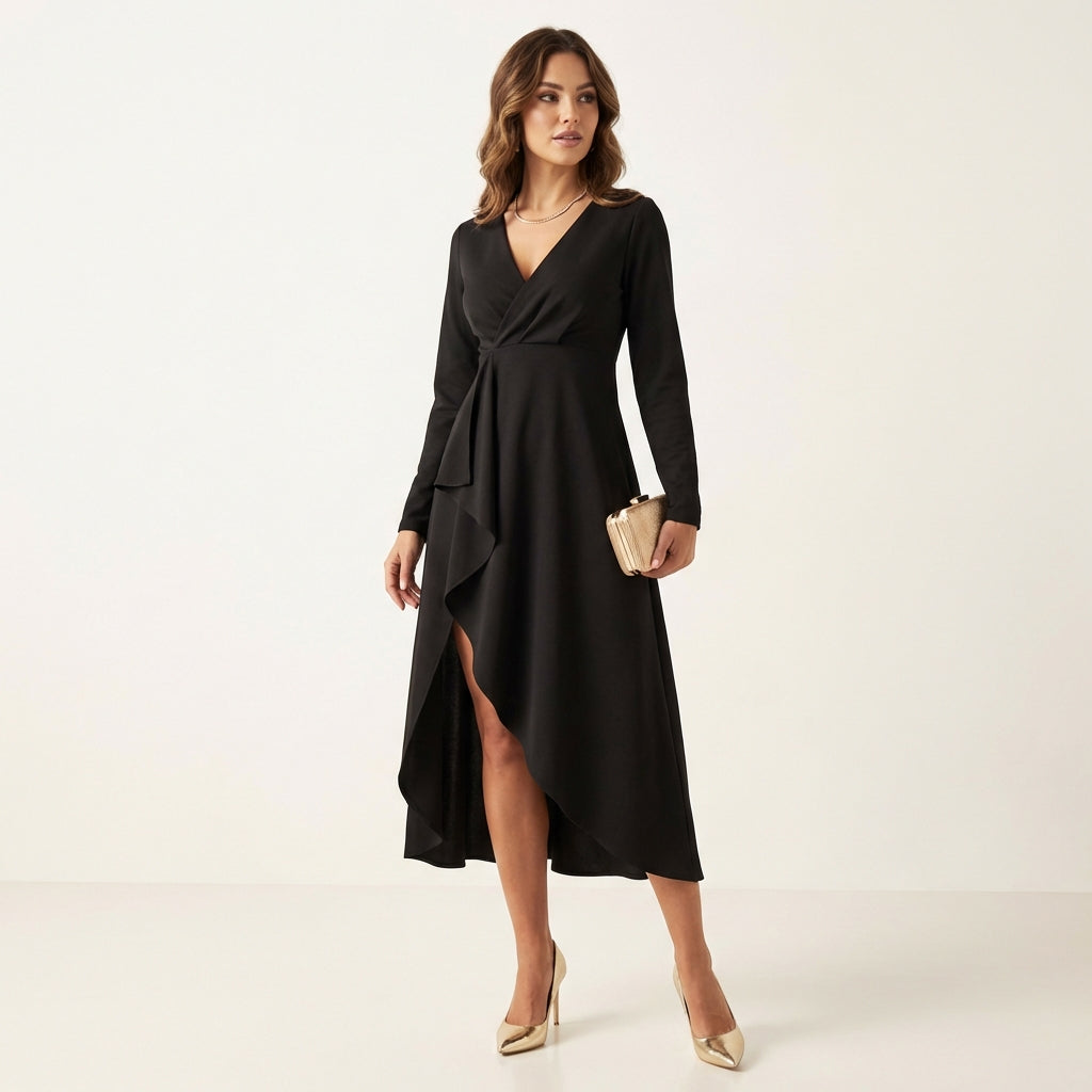 Women’s V-Neck Sheath Midi Dress – Elegant Slit Detail Black