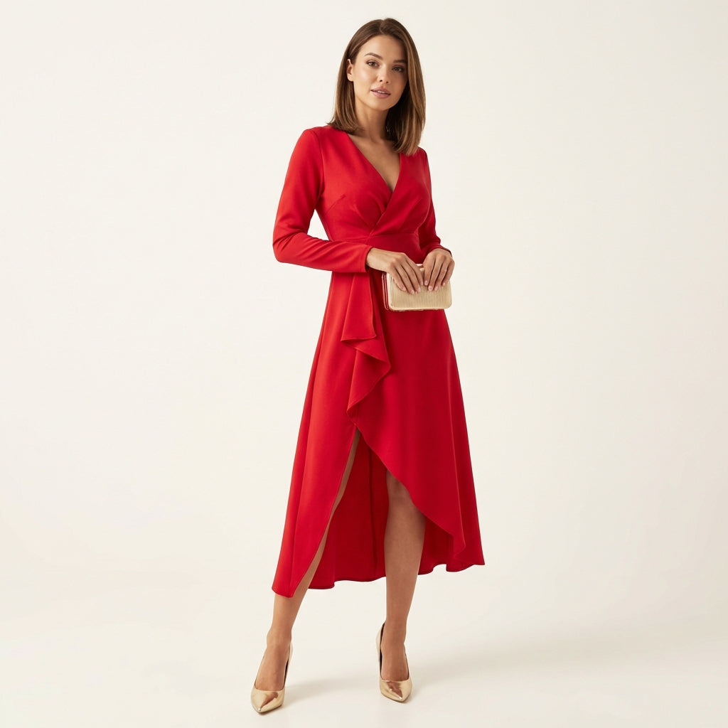 Women’s V-Neck Sheath Midi Dress – Elegant Slit Detail Red