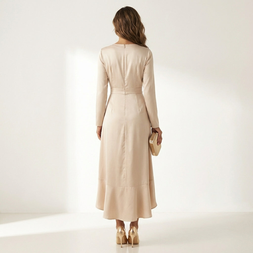 Women’s V-Neck Sheath Midi Dress – Elegant Slit Detail