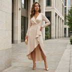 Women’s V-Neck Sheath Midi Dress – Elegant Slit Detail
