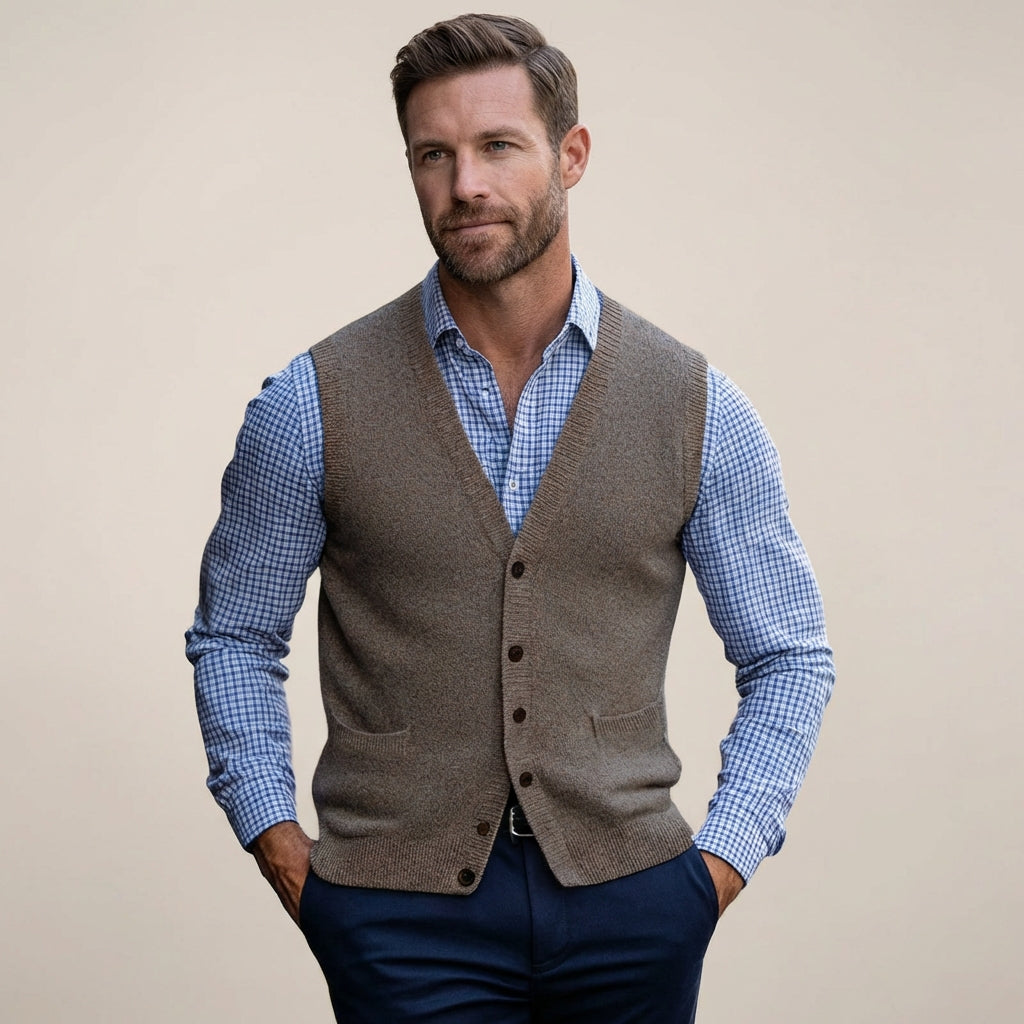 Men’s Sleeveless Sweater Vest – Lightweight Knit Layer Brown