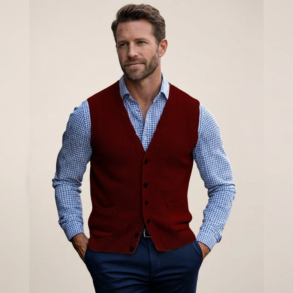 Men’s Sleeveless Sweater Vest – Lightweight Knit Layer Red
