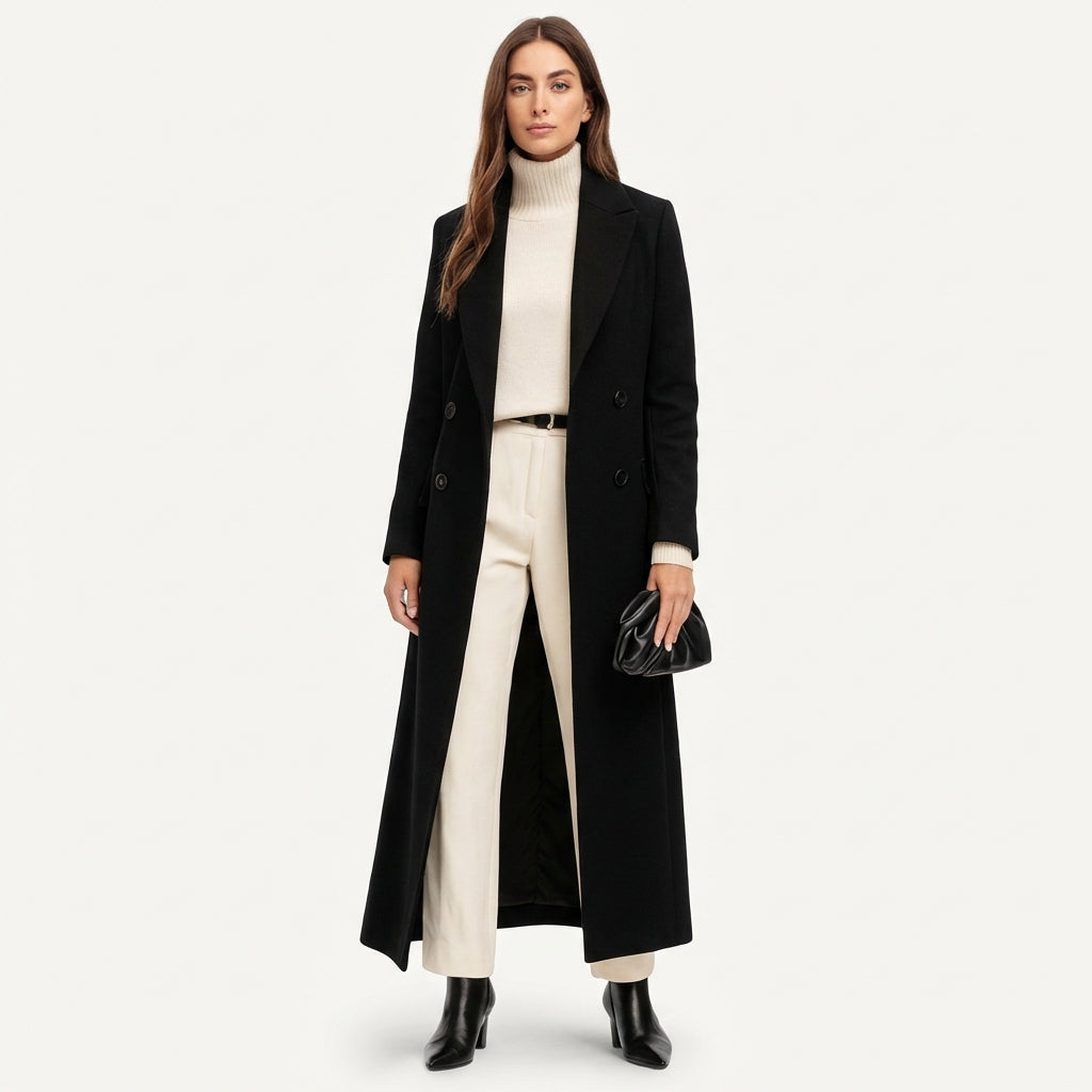 Women’s Black Maxi Overcoat – Longline Tailored Outerwear Black