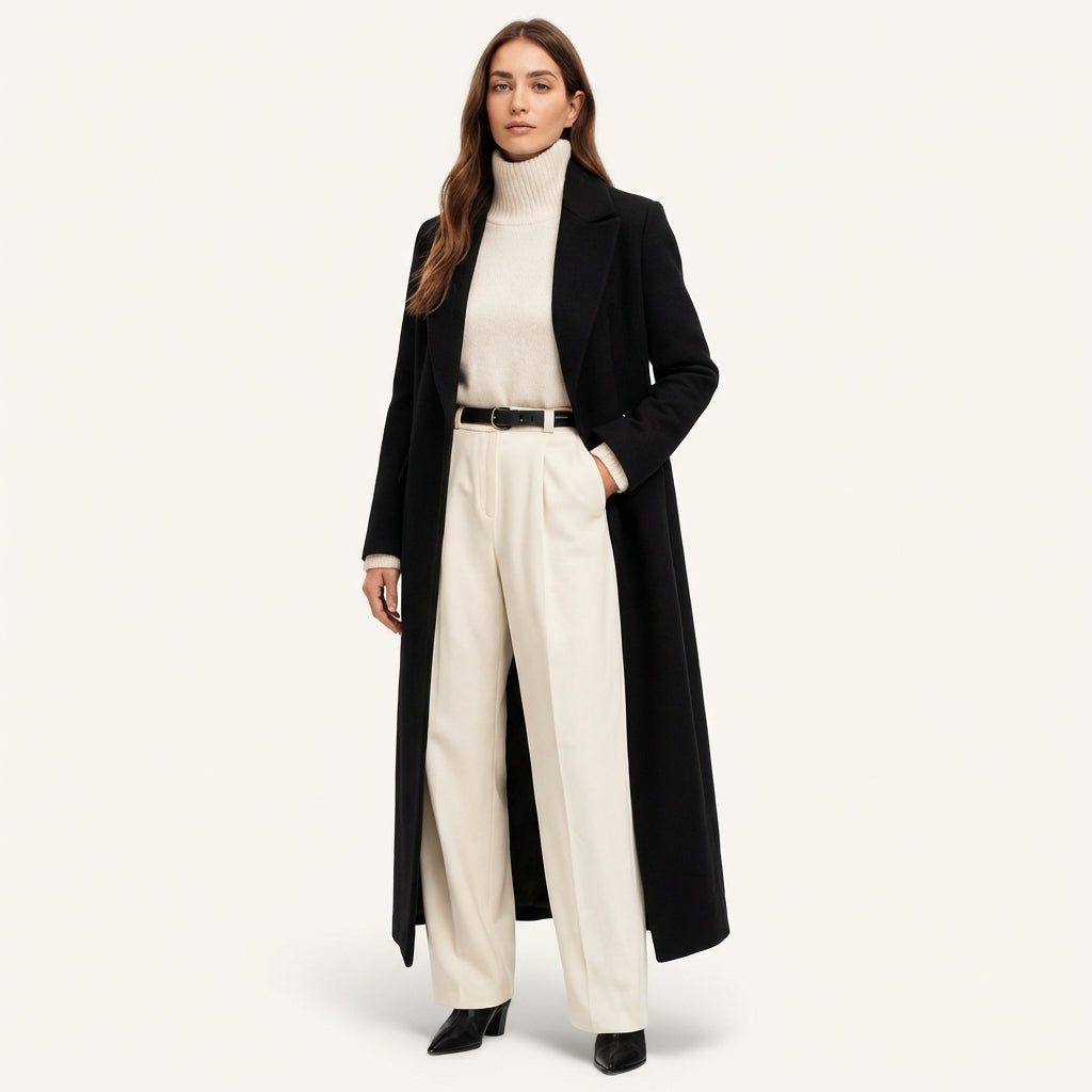 Women’s Black Maxi Overcoat – Longline Tailored Outerwear