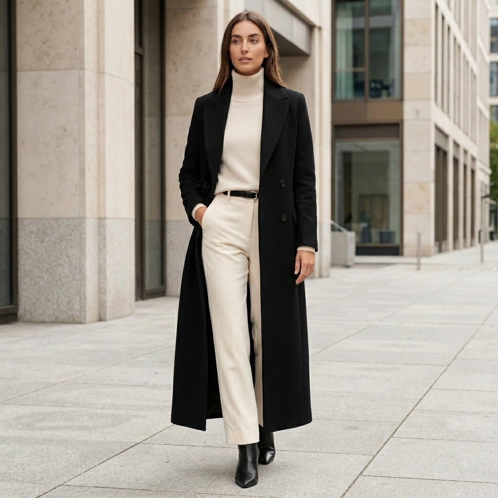 Women’s Black Maxi Overcoat – Longline Tailored Outerwear