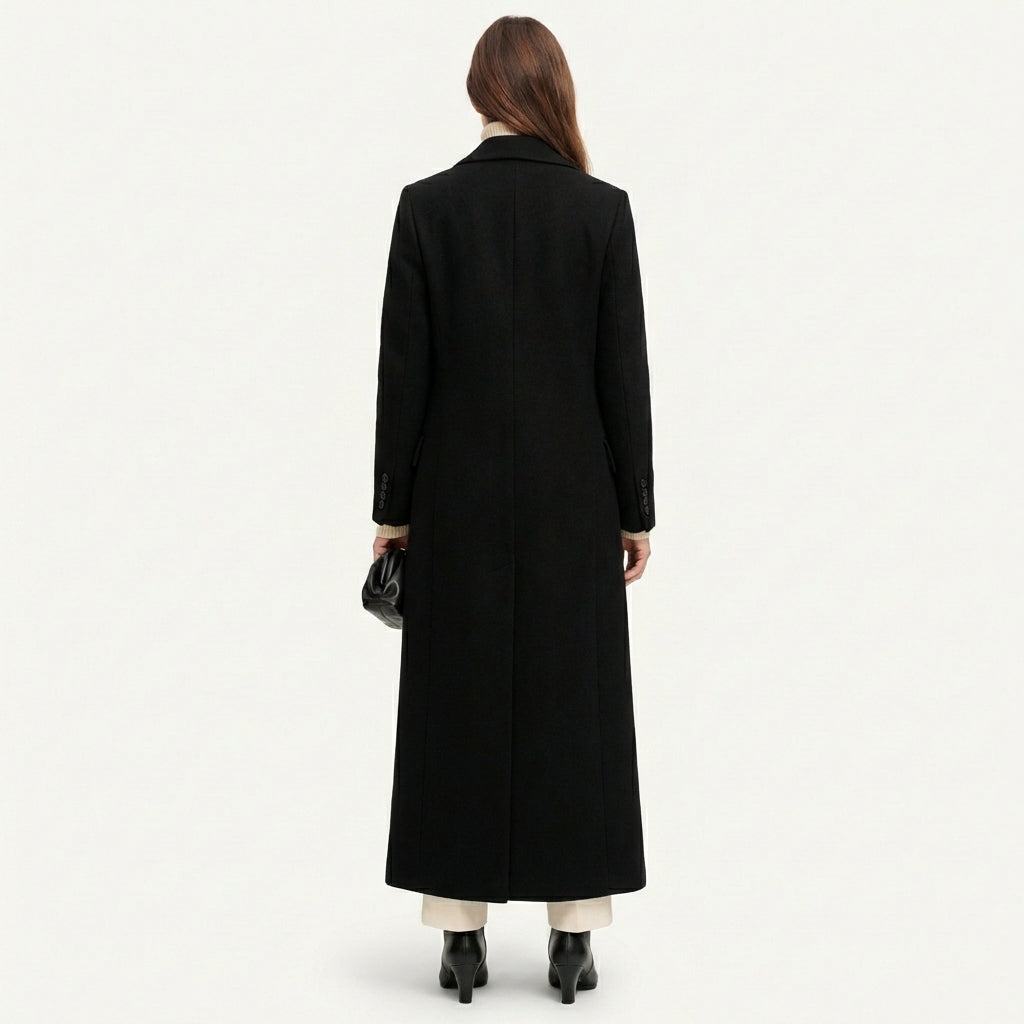 Women’s Black Maxi Overcoat – Longline Tailored Outerwear