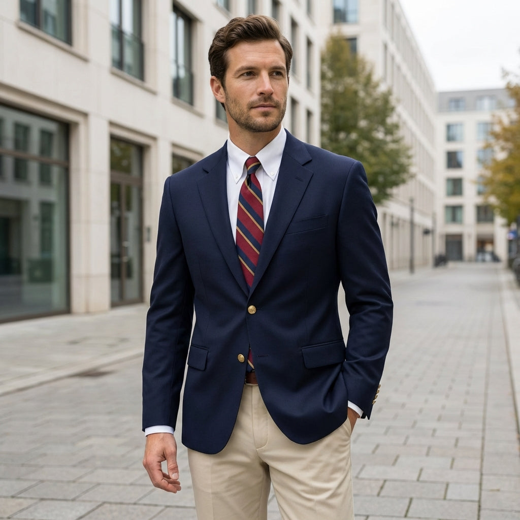 Men’s Formal Blazer – Notch Lapel Jacket with Gold Button Detail