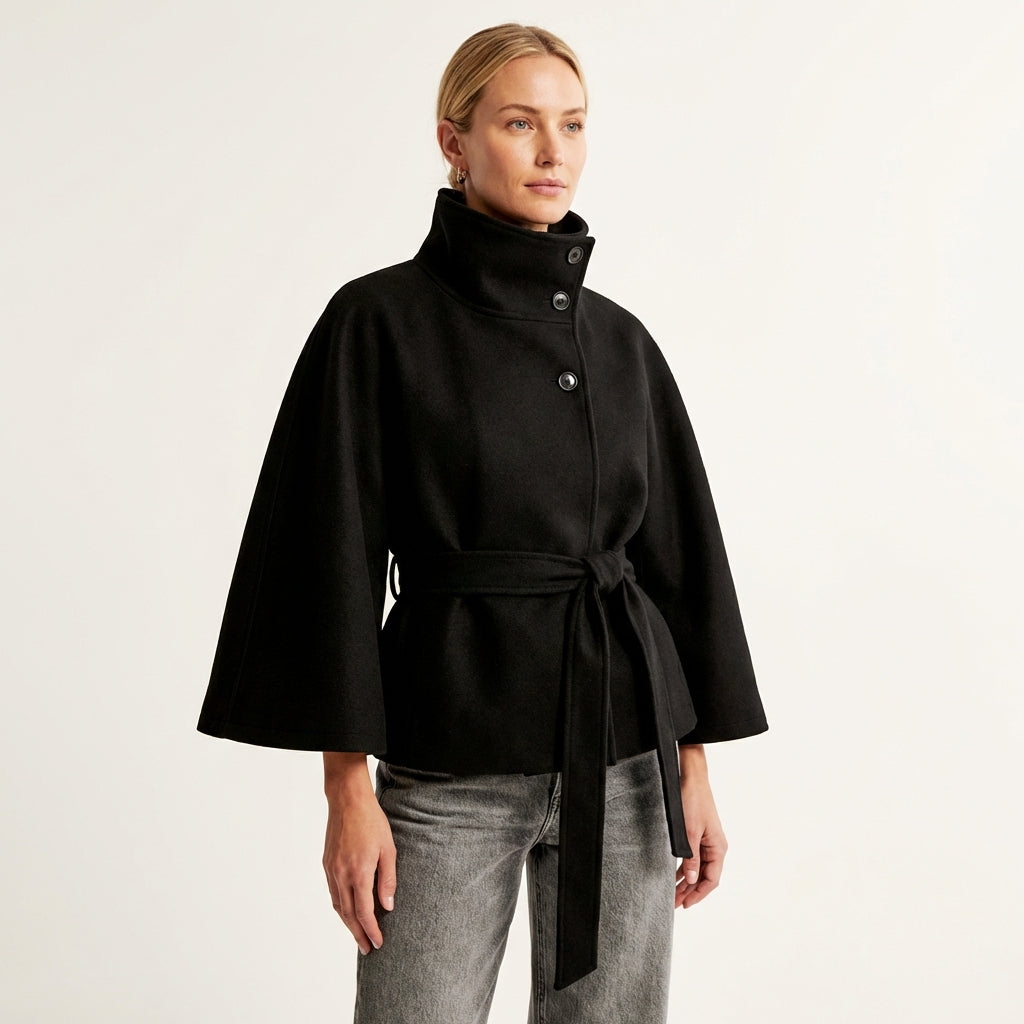 Women’s Short Cape Coat – Funnel Neck Belted Design Black