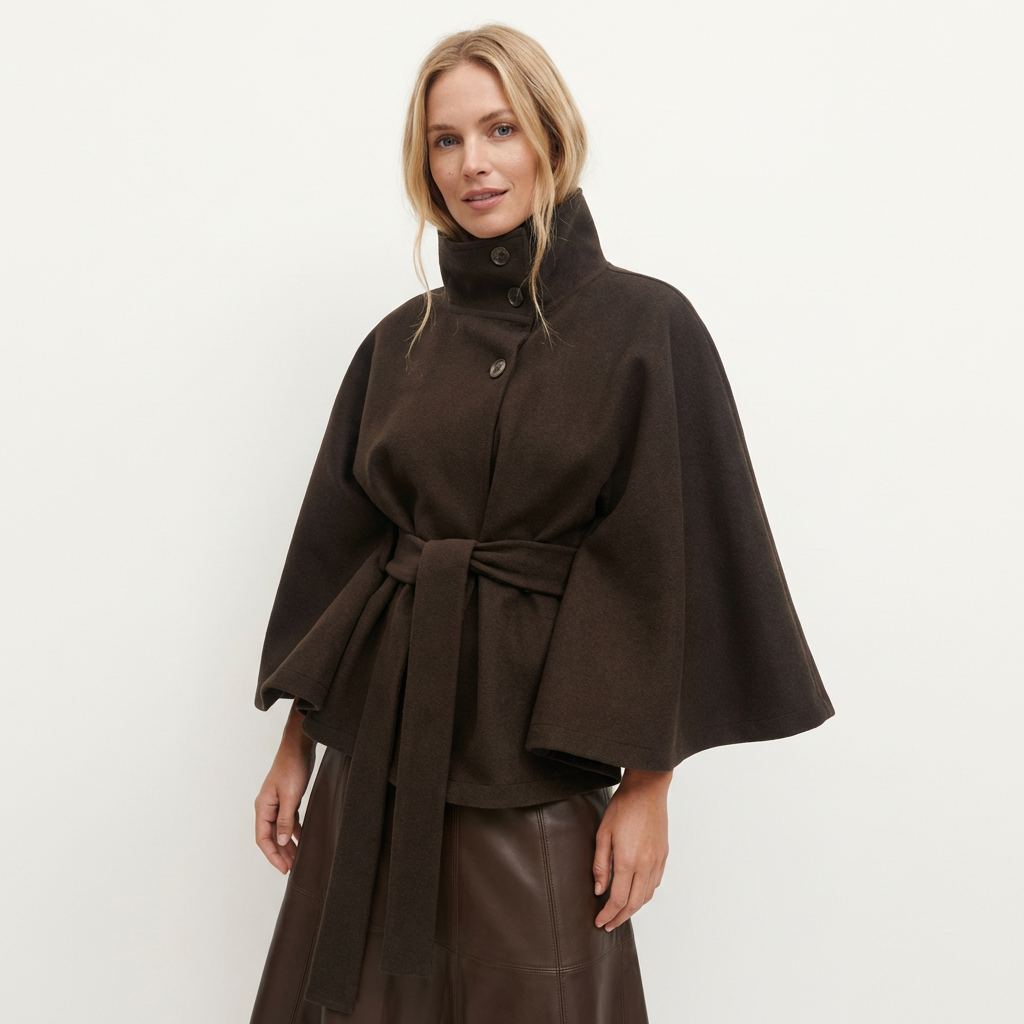 Women’s Short Cape Coat – Funnel Neck Belted Design Brown